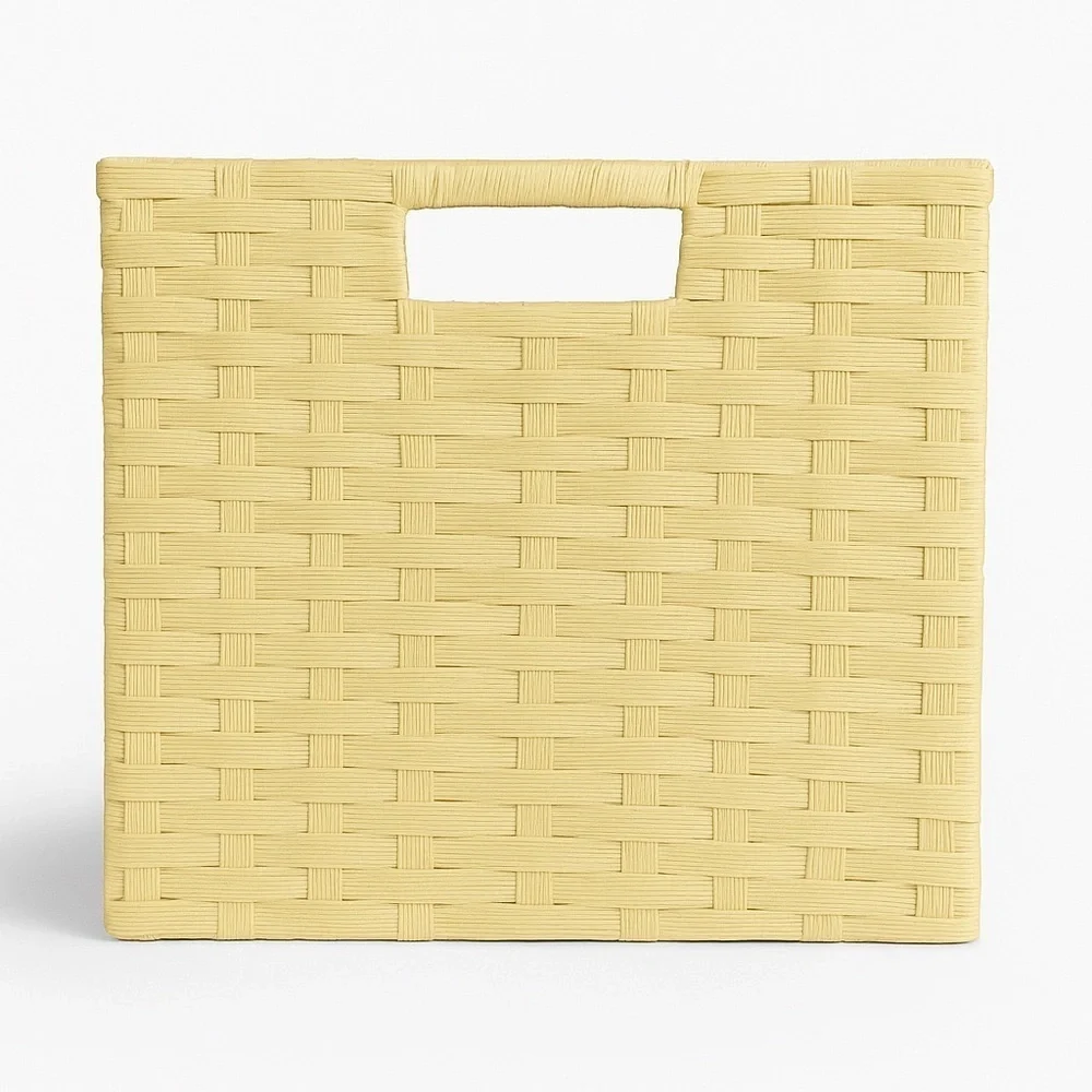 Yellow Woven Cord Tote Basket With Handles
